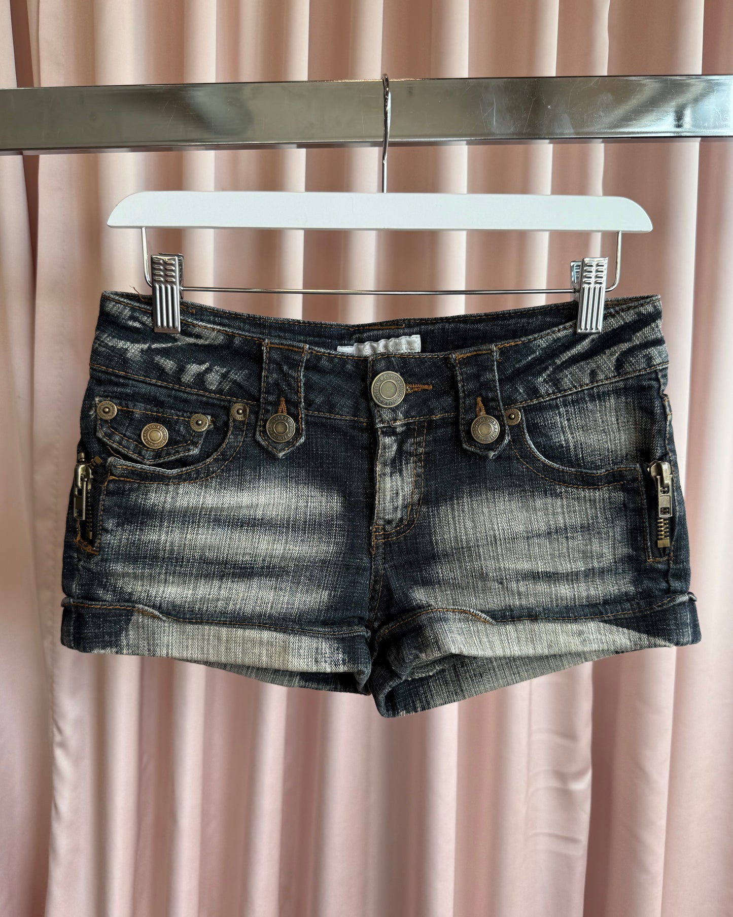 Japanese Brand Zipper Detail Faded Denim Mini Shorts