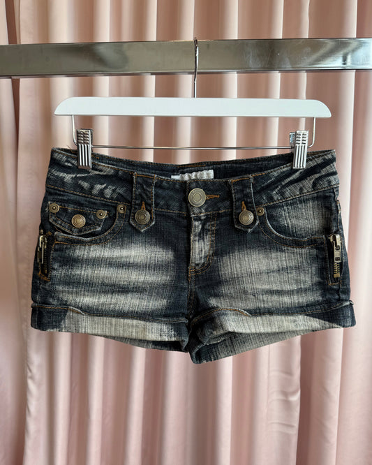 Japanese Brand Zipper Detail Faded Denim Mini Shorts