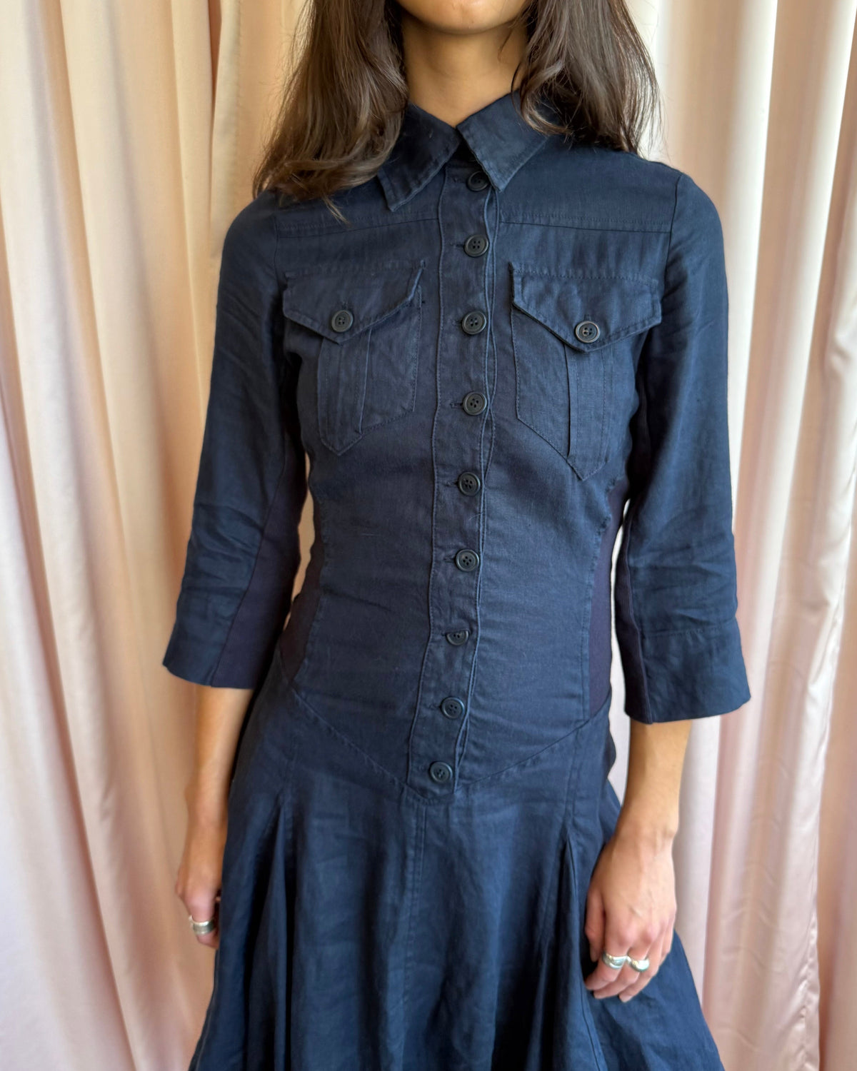 Spanish Brand Navy Linen Drop Waist Shirt Dress