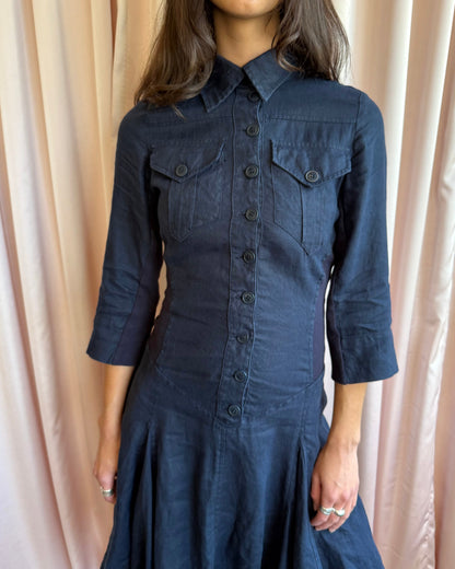 Spanish Brand Navy Linen Drop Waist Shirt Dress