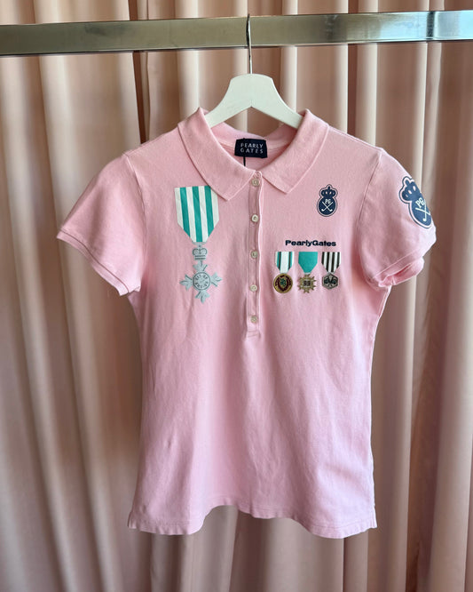 Japanese Golf Brand Medallion Patch Baby Pink Polo Shirt