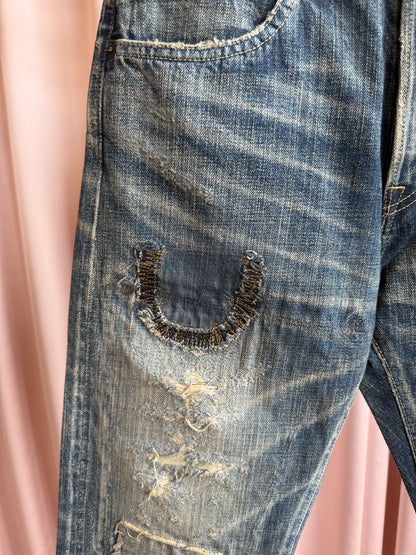 Japanese Brand Selvedge Cinch Back Faded Repaired Denim