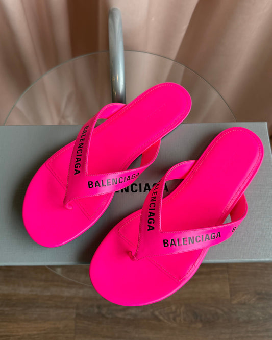 Balenciaga Logo Printed Neon Pink Leather Flip Flop Thong Sandals