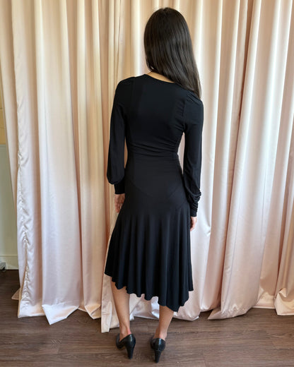 Italian Designer Black Low Cut Rhinestone V-Neck Long Sleeve Dress