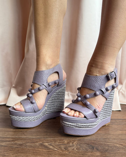 Balenciaga Lavender Leather Studded Wedge Sandals
