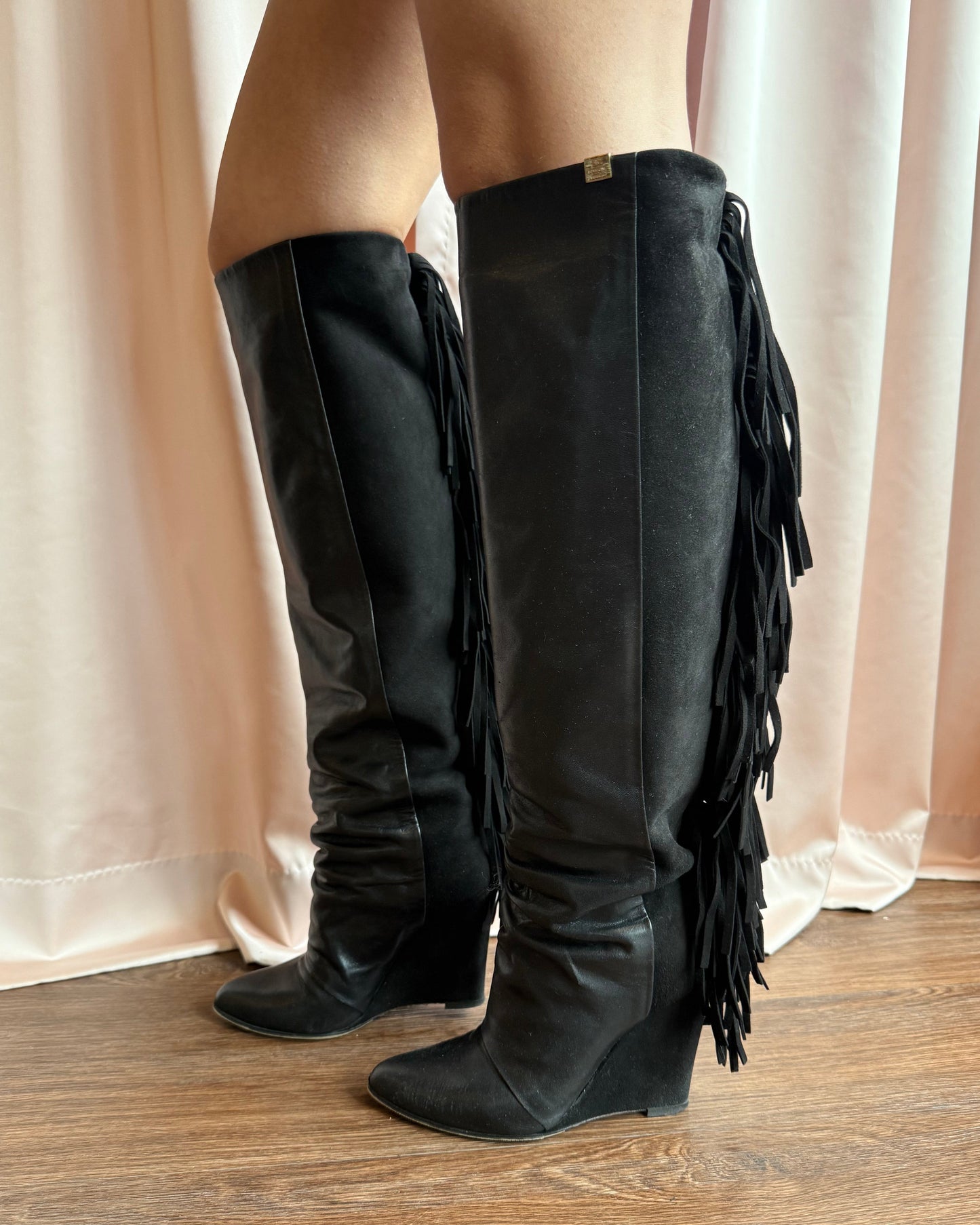 Italian Designer Black Suede & Leather Fringe Boots
