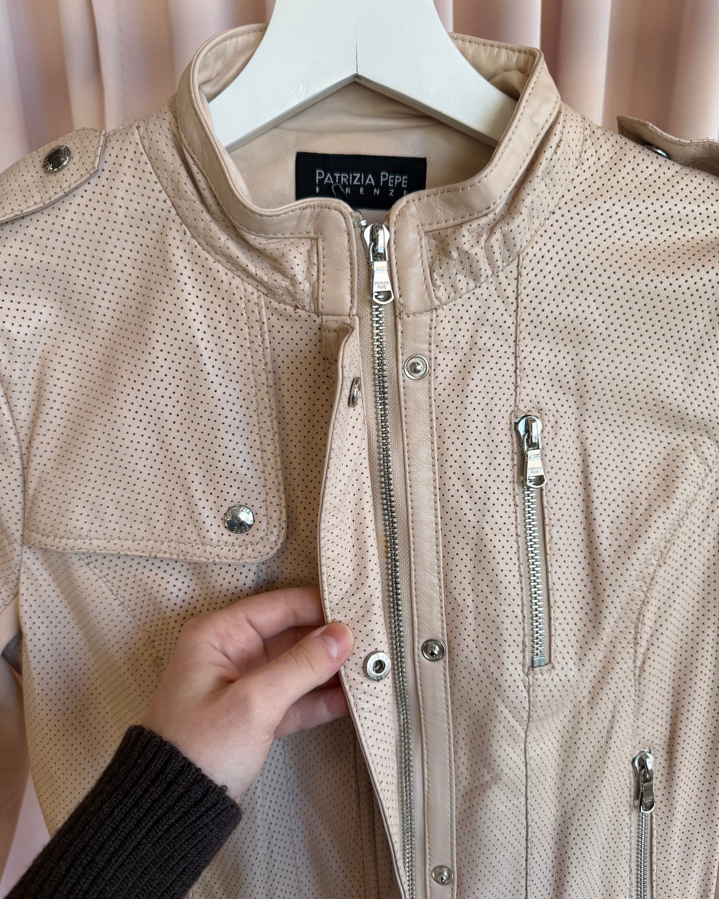 Italian Designer Perforated Beige Leather Jacket