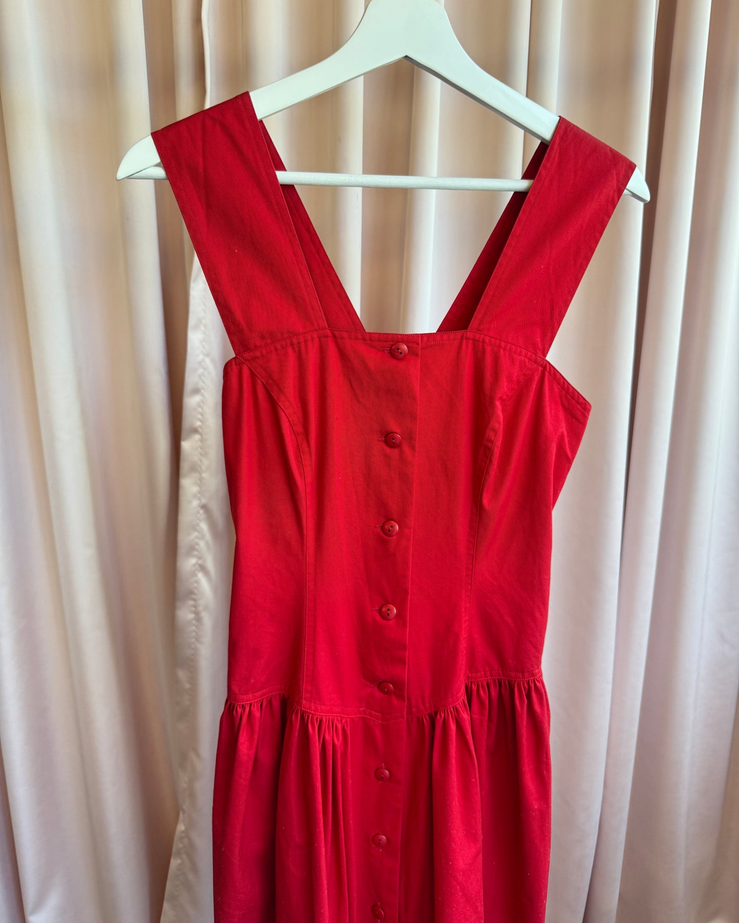 French Brand Red Cotton Poplin Button Front Drop Waist Dress