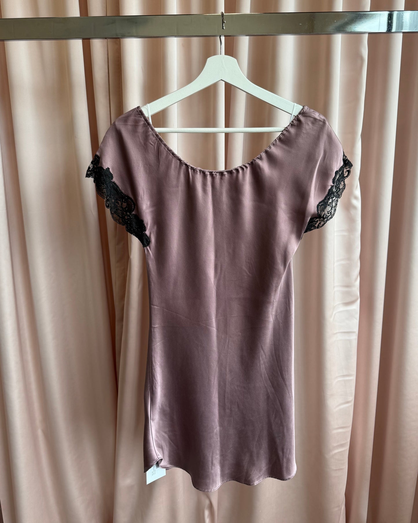 1990's Dusty Purple 100% Silk Lace Trim Dress