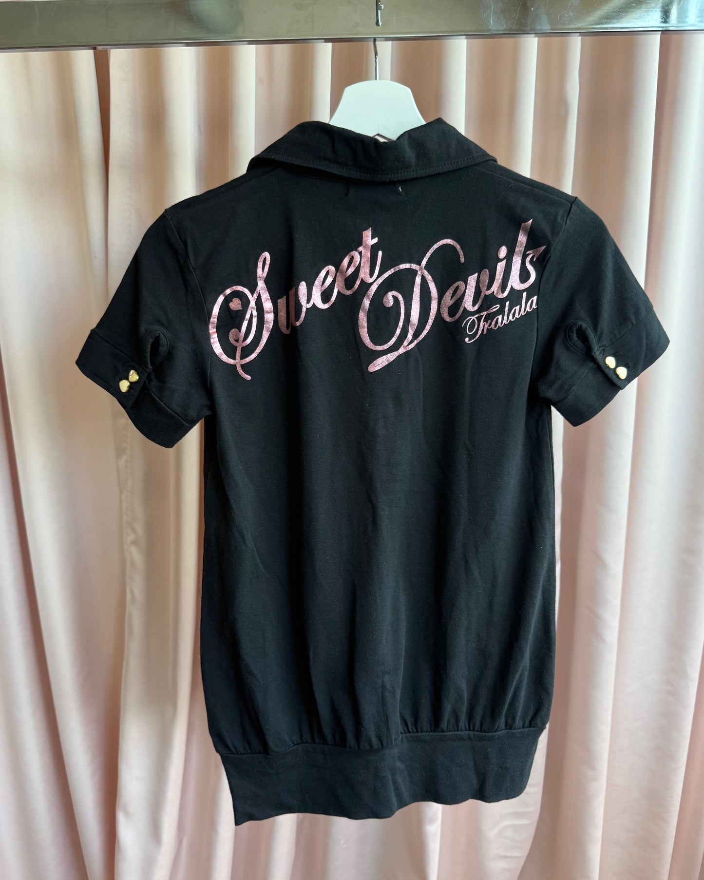 Japanese Brand "Sweet Devils" Black Embroidered Polo Top