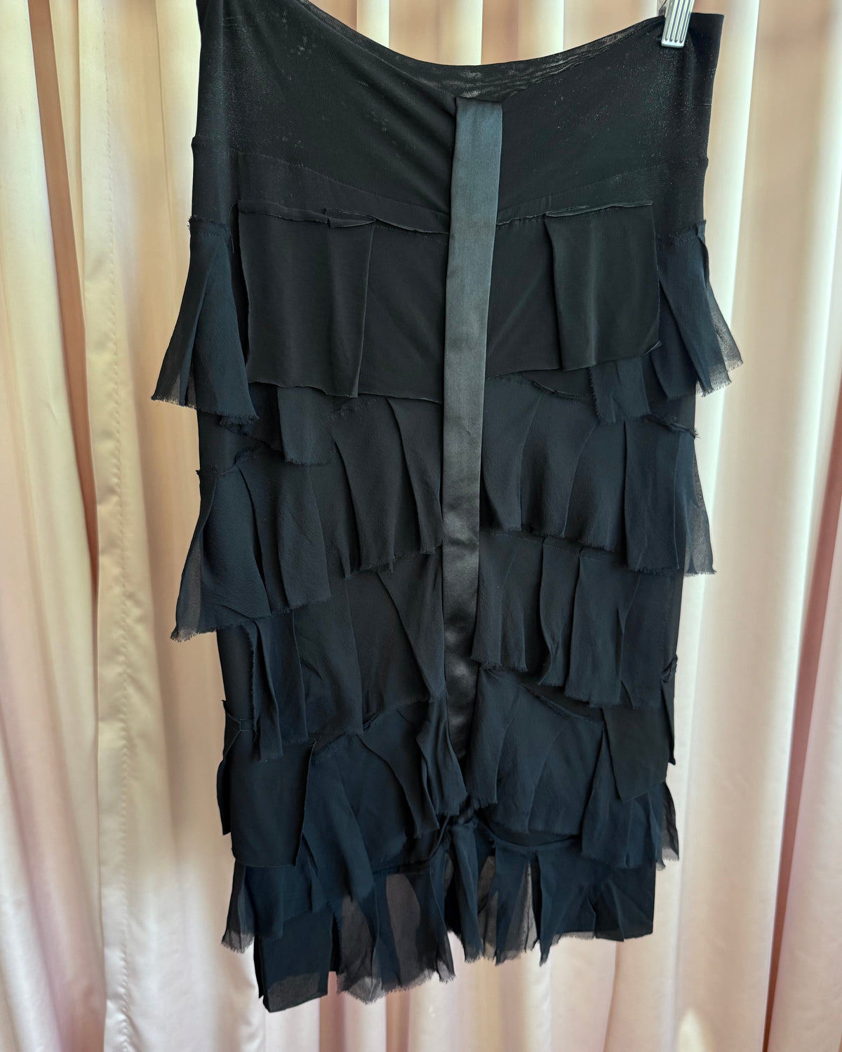 Italian Designer New w/ Tags Black Tiered Silk Ruffle Midi Skirt