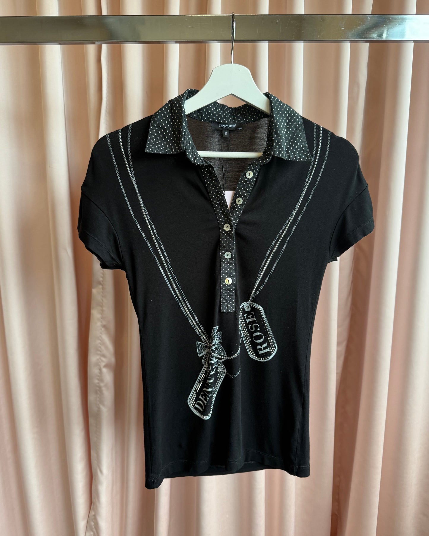 Italian Brand Dog Tag Necklace Rhinestone Print Black Polo Shirt