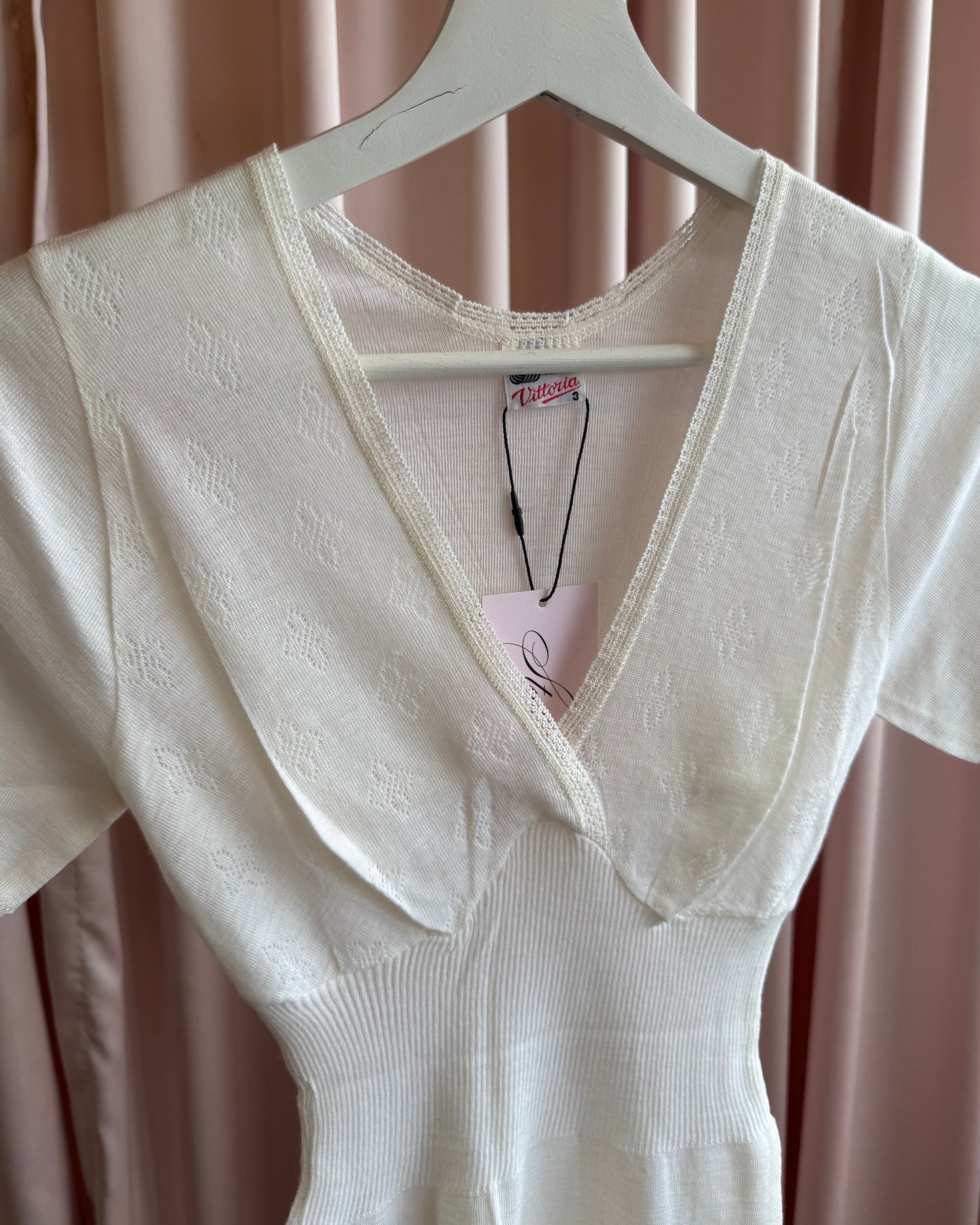Italian Pointelle Wool Surplice Short Sleeve Top/Mini Dress