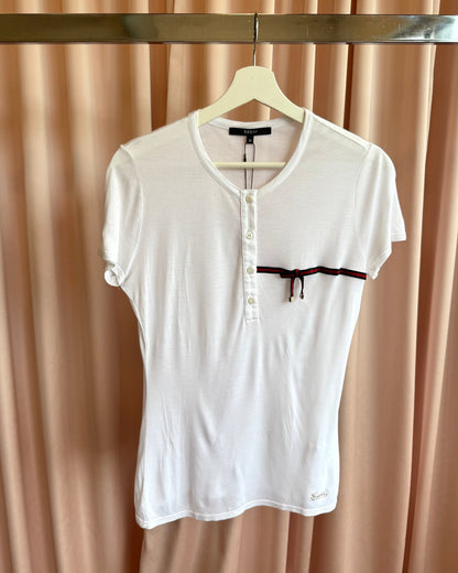 Gucci 2006 Stripe Logo Bow White Modal Henley Short Sleeve T-Shirt