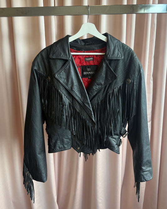 Vintage 1980's Black Leather Fringed Motorcycle Jacket