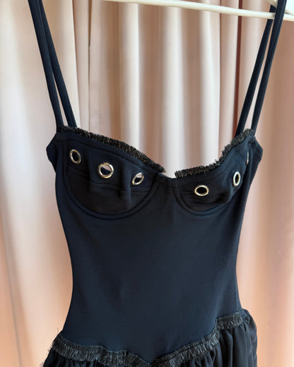 Hunza 1980's Black Grommet Bustier Peplum Dress