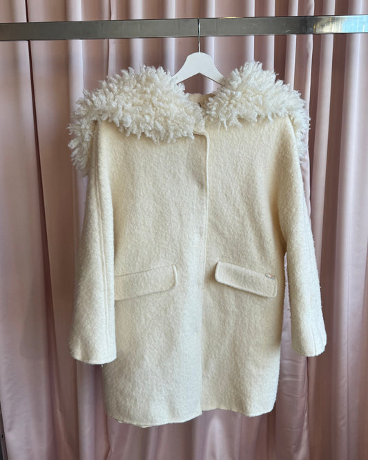 Italian Brand Ivory Wool Faux Fur Split Hood Coat