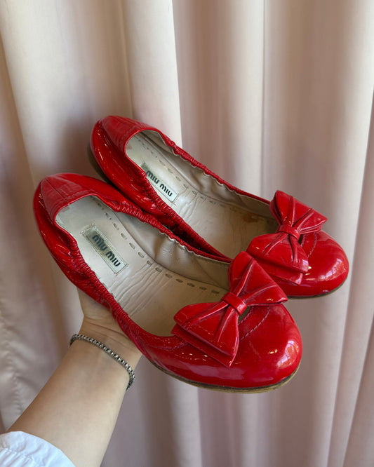 Miu Miu Red Patent Leather Bow Ballet Flats