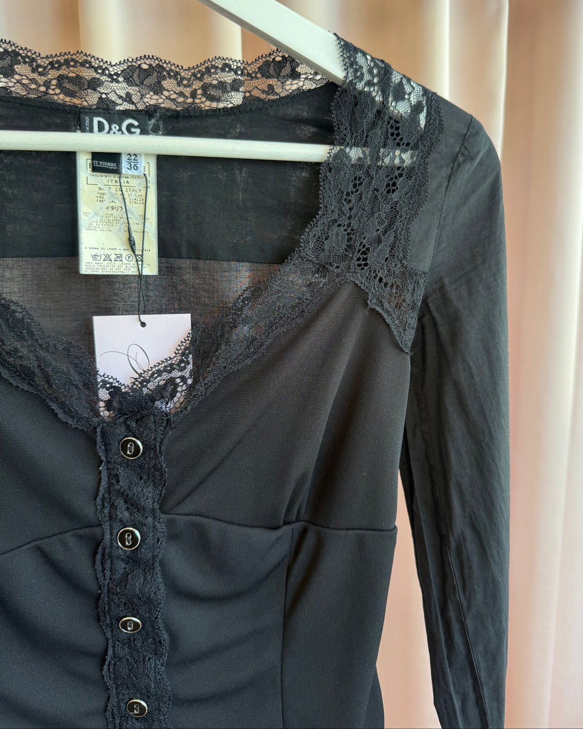 D&G S/S 2006 Black Lace Trim Button Up Long Sleeve Blouse