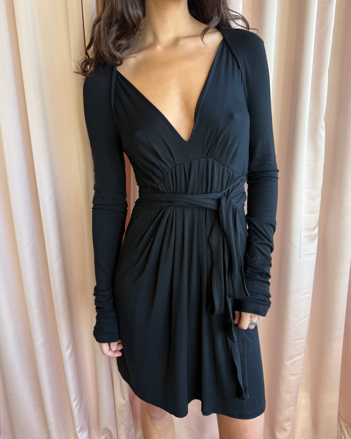 Italian Designer Black Deep V-Neck Wrap Tie Dress