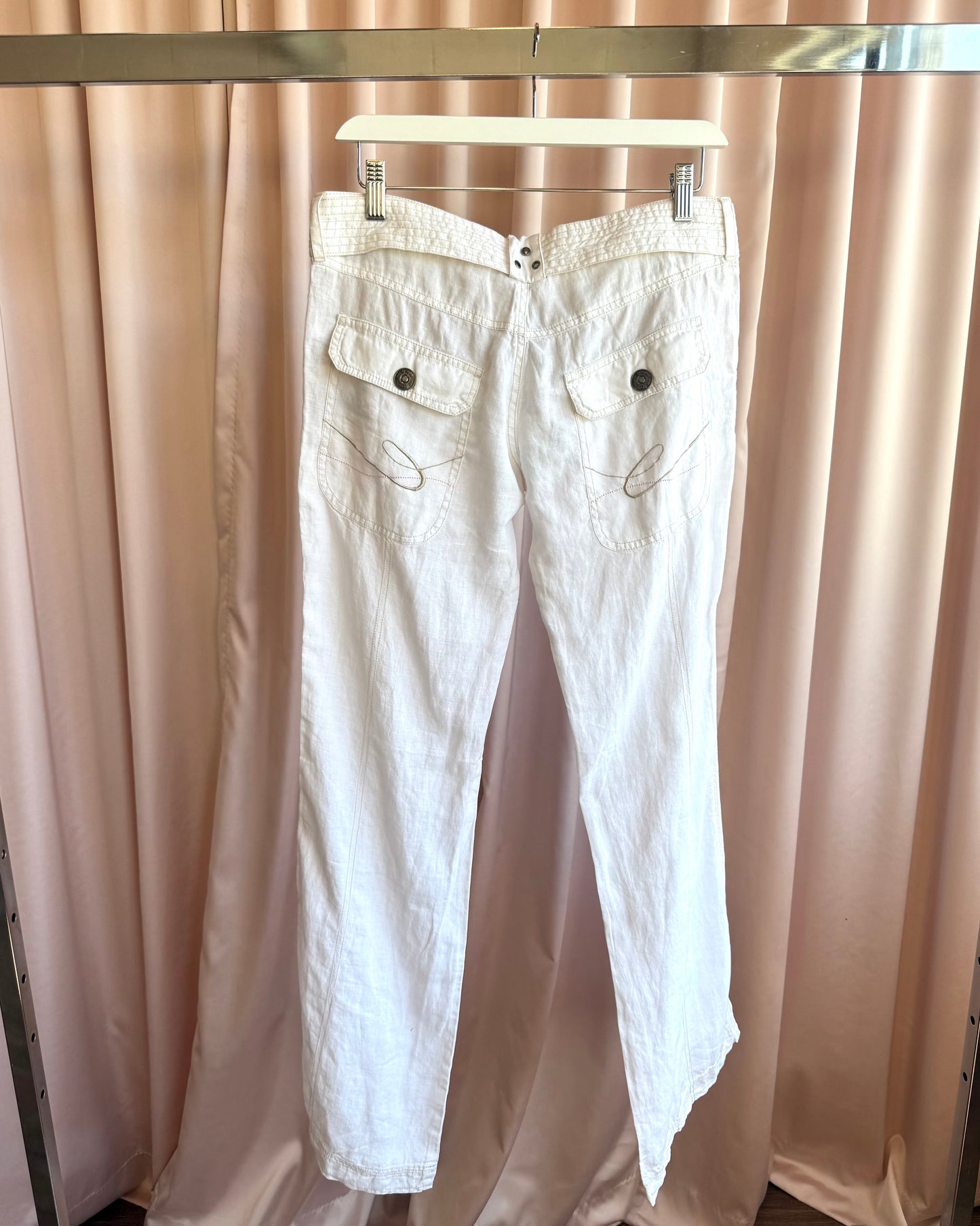 2000's EDC by Esprit Deadstock Cream White Linen Belted Wide Leg Pants