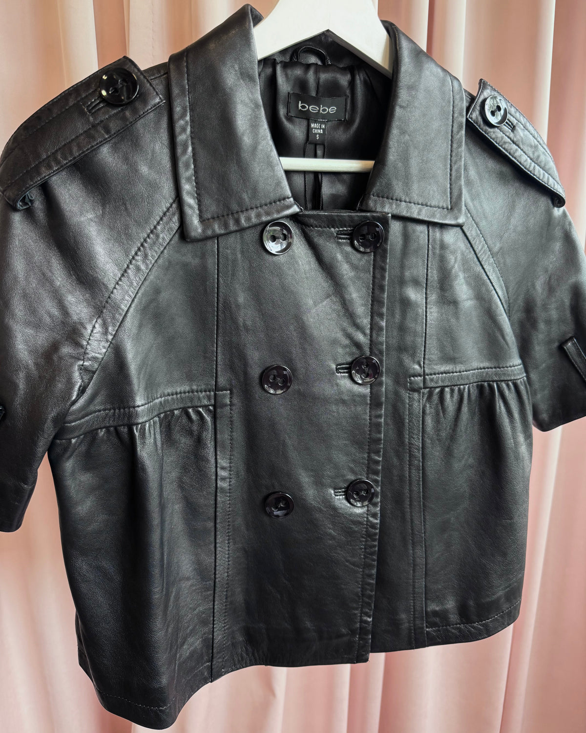 Bebe Black Genuine Leather Short Sleeve Peacoat