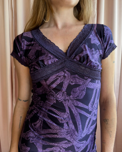 Hysteric Glamour Purple Bones Print Lace Trim Dress
