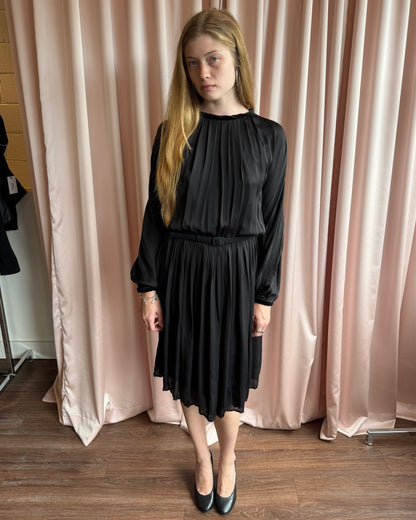 Ungaro Fuschia Black Silk Long Sleeve Belted Midi Dress