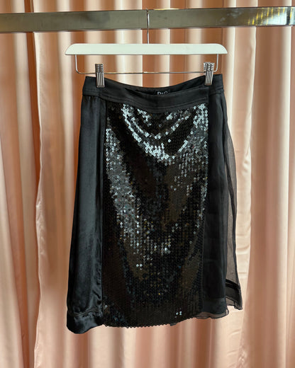 D&G Silk Panelled Wrap Style Black Sequins Midi Skirt