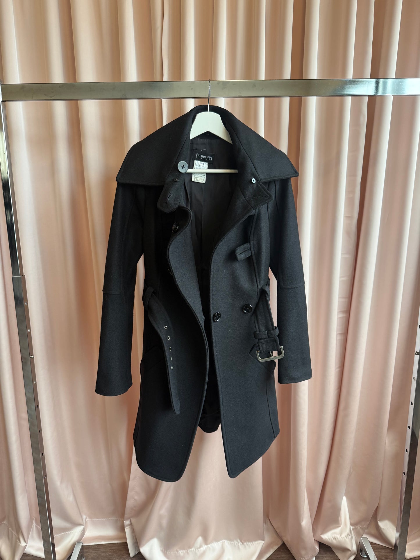 Patrizia Pepe Faux Fur Trim Double Breasted Black Wool Coat