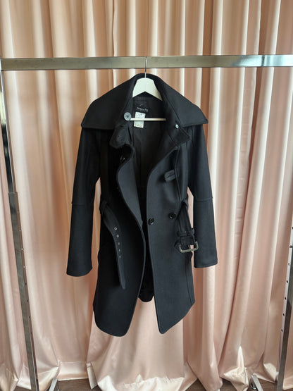 Patrizia Pepe Faux Fur Trim Double Breasted Black Wool Coat