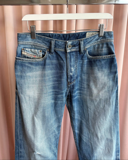 Diesel "Kurren" Faded Distressed Light Wash Straight Leg Denim