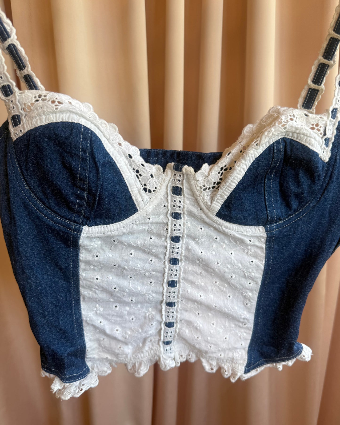 French Brand Blue & White Broderie Anglaise Contrast Bustier Top
