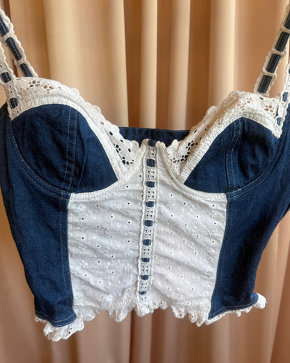 French Brand Blue & White Broderie Anglaise Contrast Bustier Top