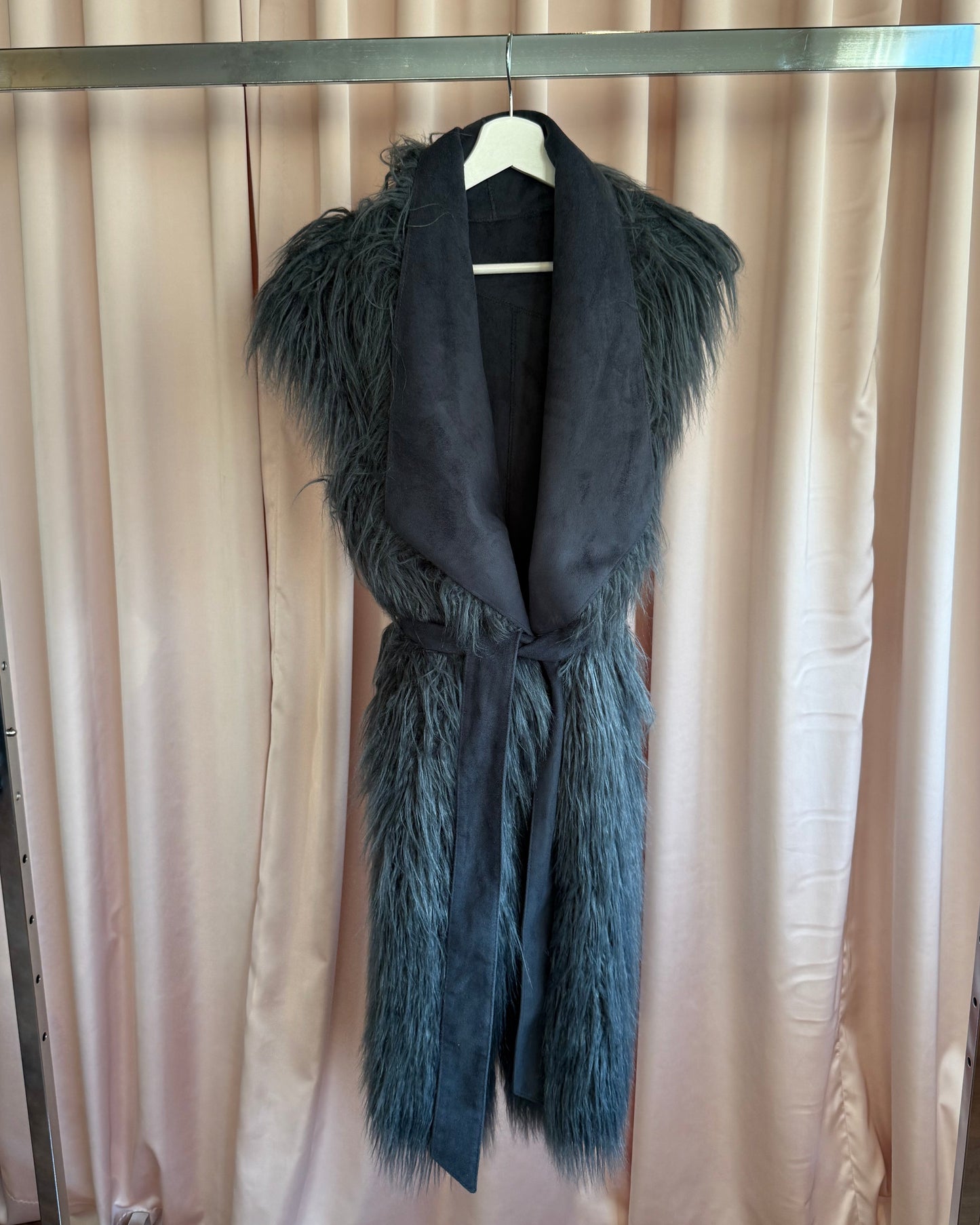 Diesel Reversible Dark Grey Shaggy Faux Fur Long Vest