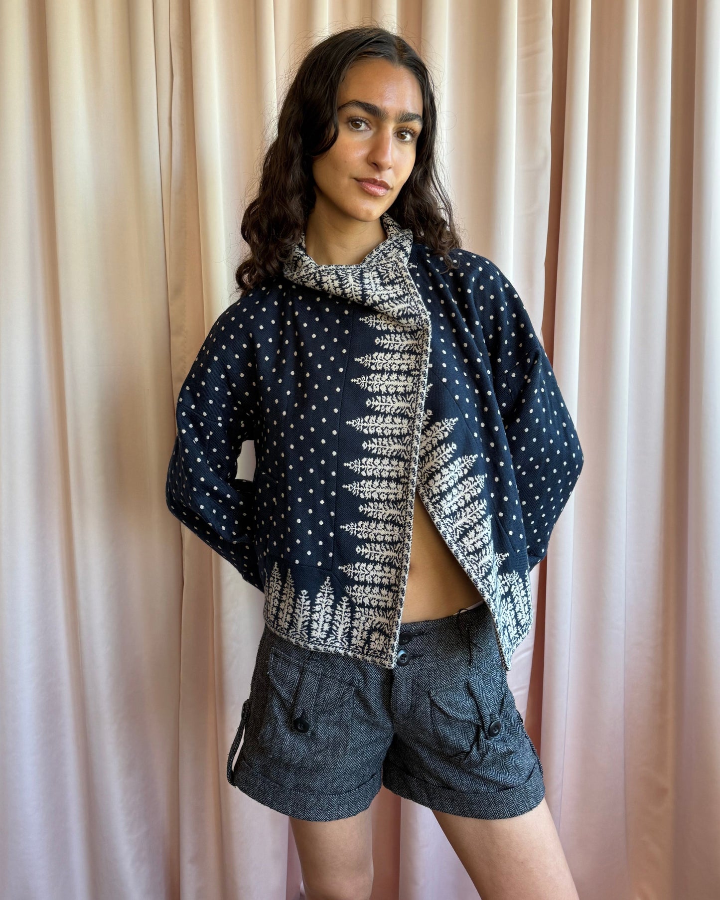 BCBGMaxazria Navy & Cream Polka Dot Printed Wool Blend Jacket