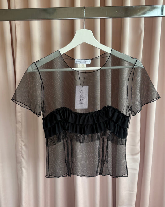 French Designer Sheer Black Mesh Ruffle Short Sleeve Top