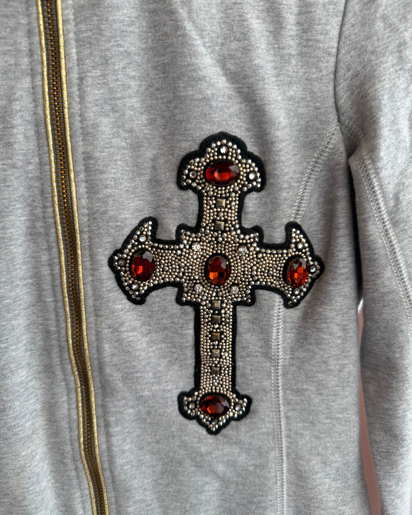 Italian Brand Deadstock Bejewelled Cross Faux Fur Lined Zip Up Hoodie