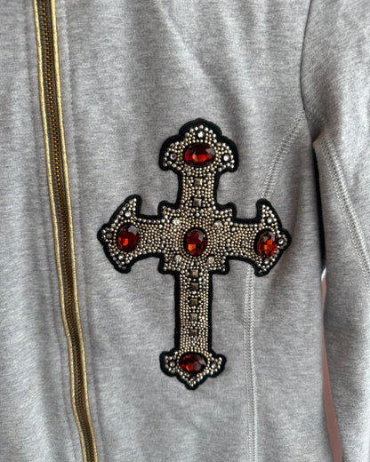 Italian Brand Deadstock Bejewelled Cross Faux Fur Lined Zip Up Hoodie