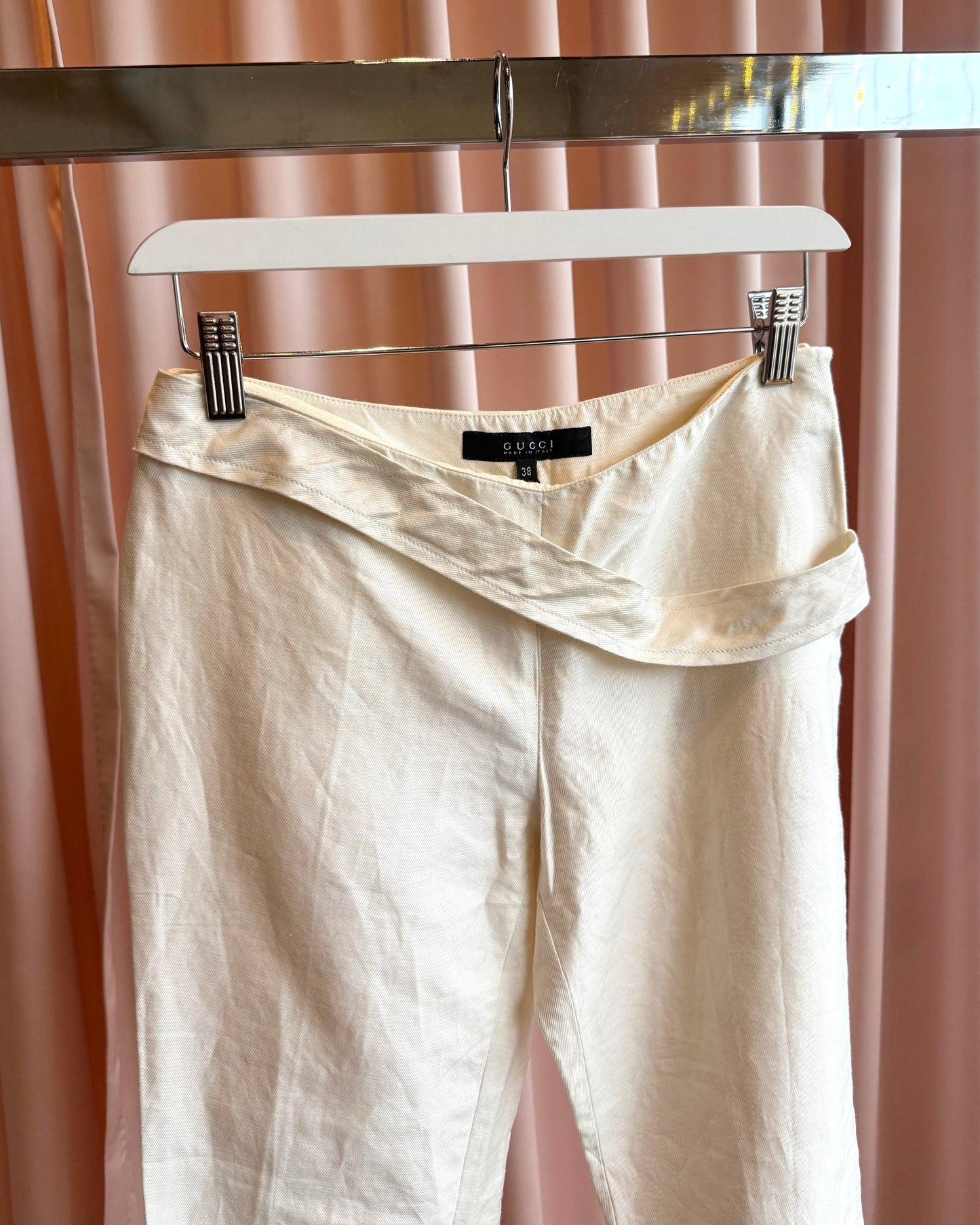 Gucci 2003 by Tom Ford White Belted Low Rise Slim Cut Trousers