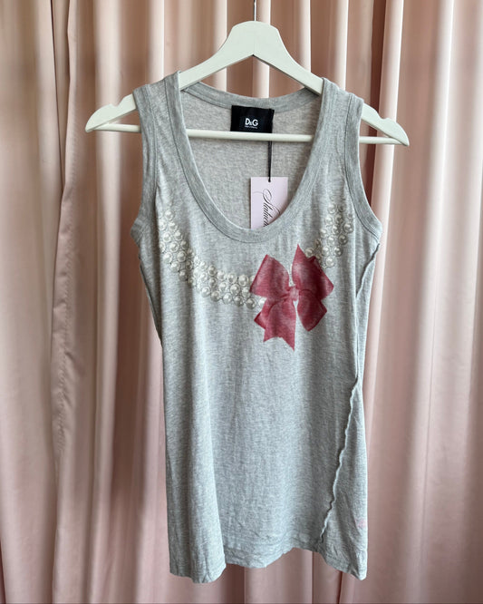 D&G 2000's Bow Pearl Necklace Graphic Grey Tank Top
