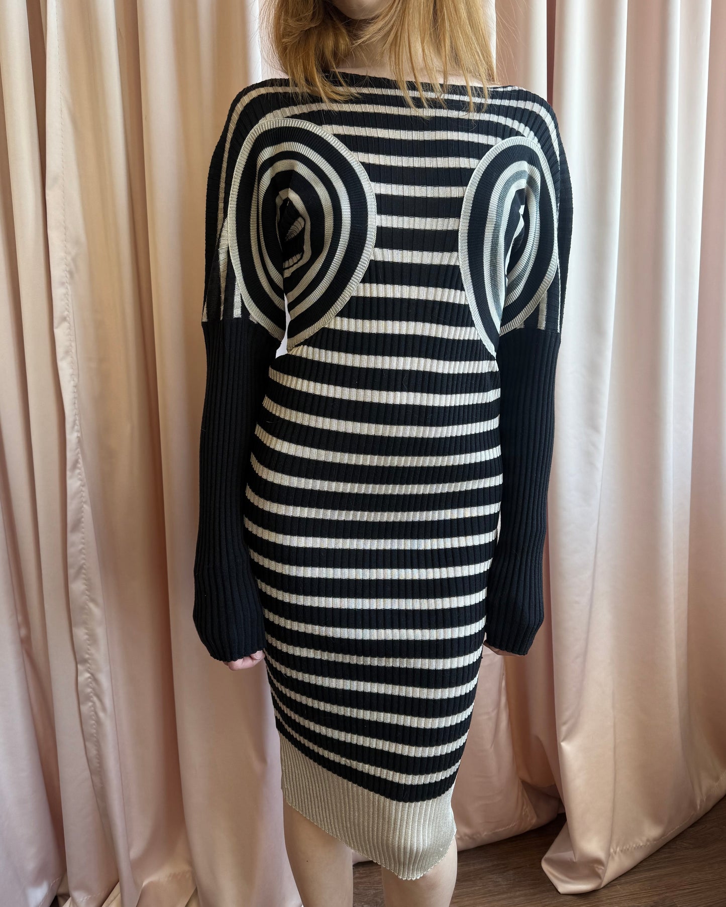 Jean Paul Gaultier Black & Beige Striped Long Sleeve Knit Dress