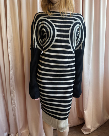 Jean Paul Gaultier Black & Beige Striped Long Sleeve Knit Dress