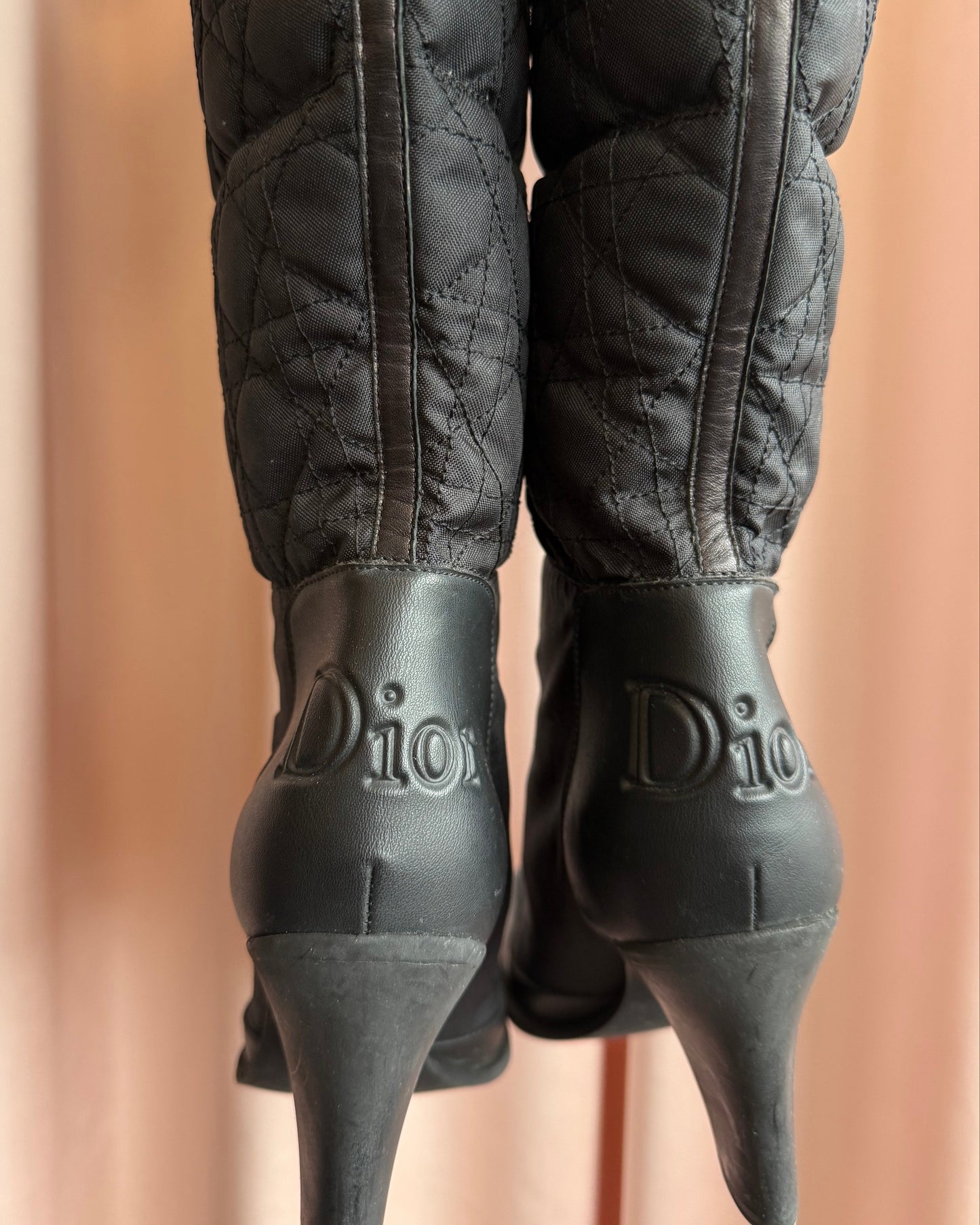 Christian Dior Quilted Knee High Heeled Black Boots