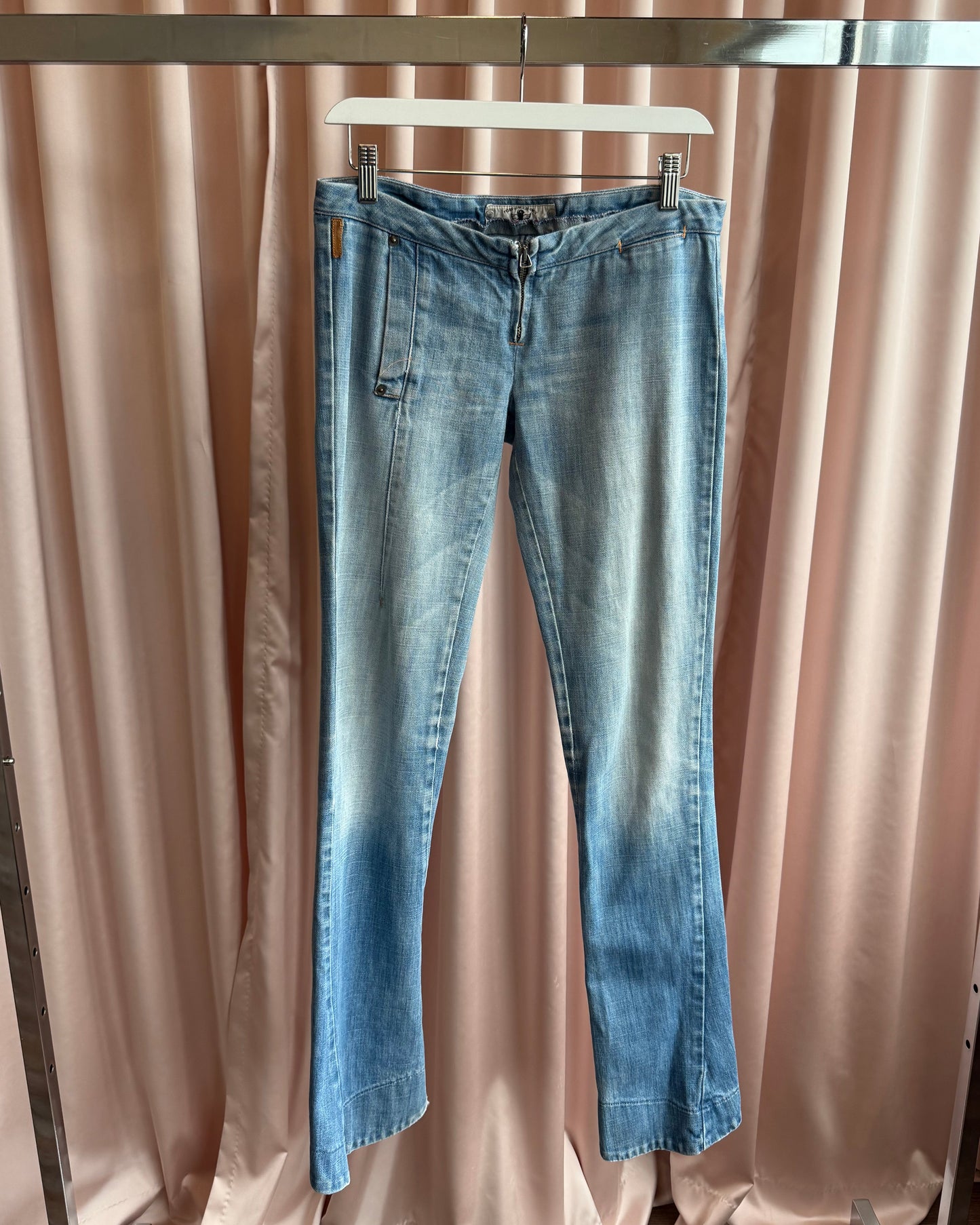 Fornarina Ultra Low Rise Faded Light Wash Flare Denim