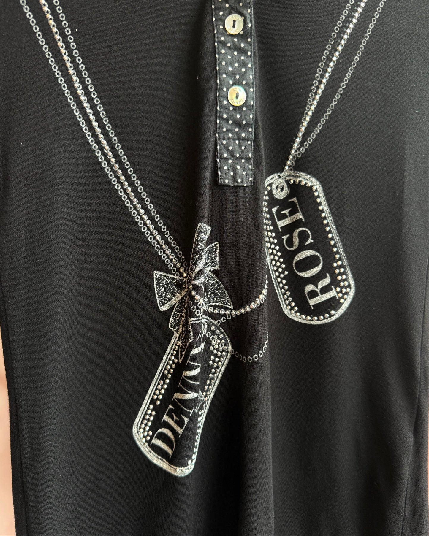Italian Brand Dog Tag Necklace Rhinestone Print Black Polo Shirt