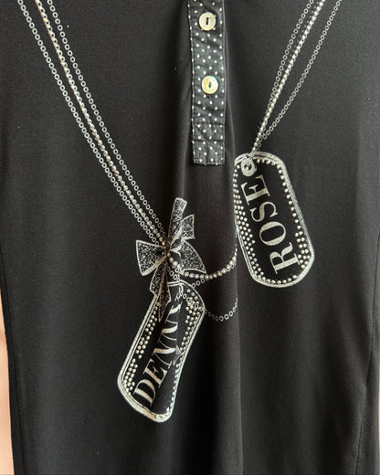 Italian Brand Dog Tag Necklace Rhinestone Print Black Polo Shirt