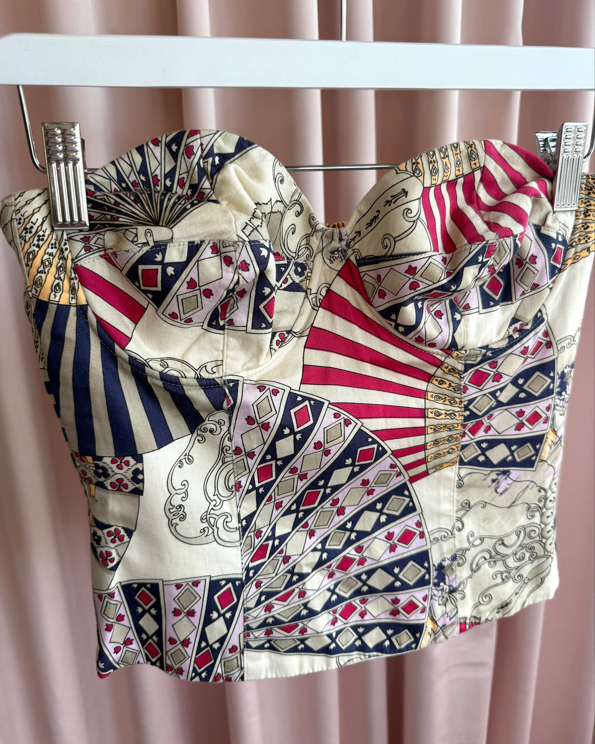 Laurèl by Escada 1980's Fan Print Cotton Bustier Top