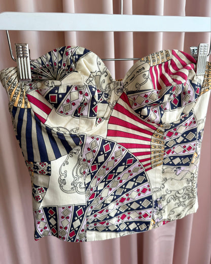 Laurèl by Escada 1980's Fan Print Cotton Bustier Top