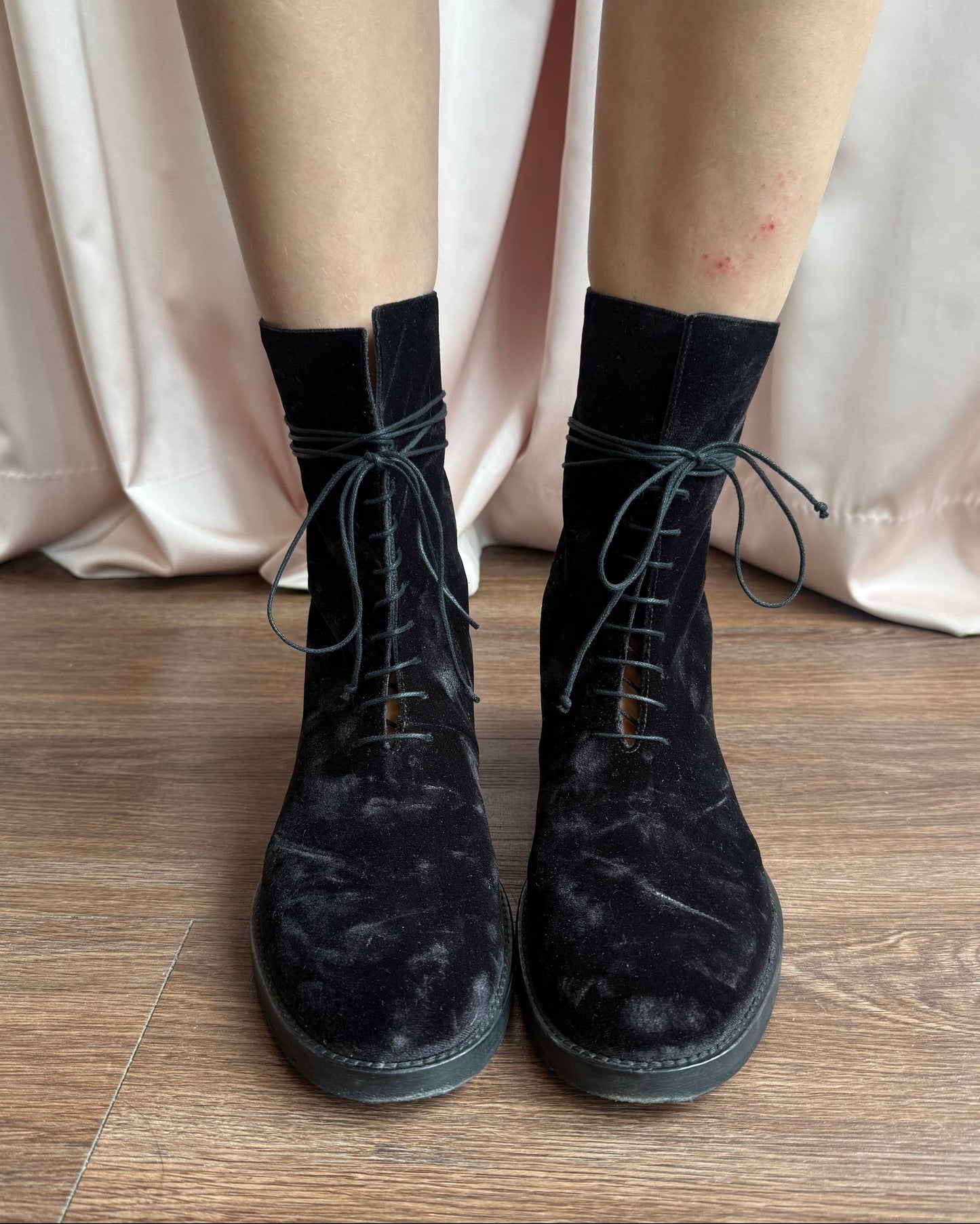 Ann Demeulemeester Black Velvet Laced Combat Boots